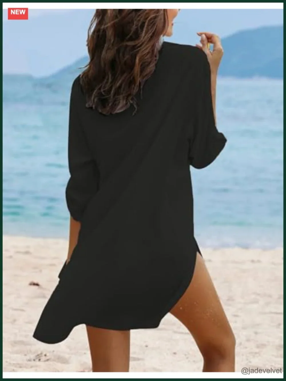 Deep V-Neck Swim Cover Up with Side Slit and Roll-Up Sleeves